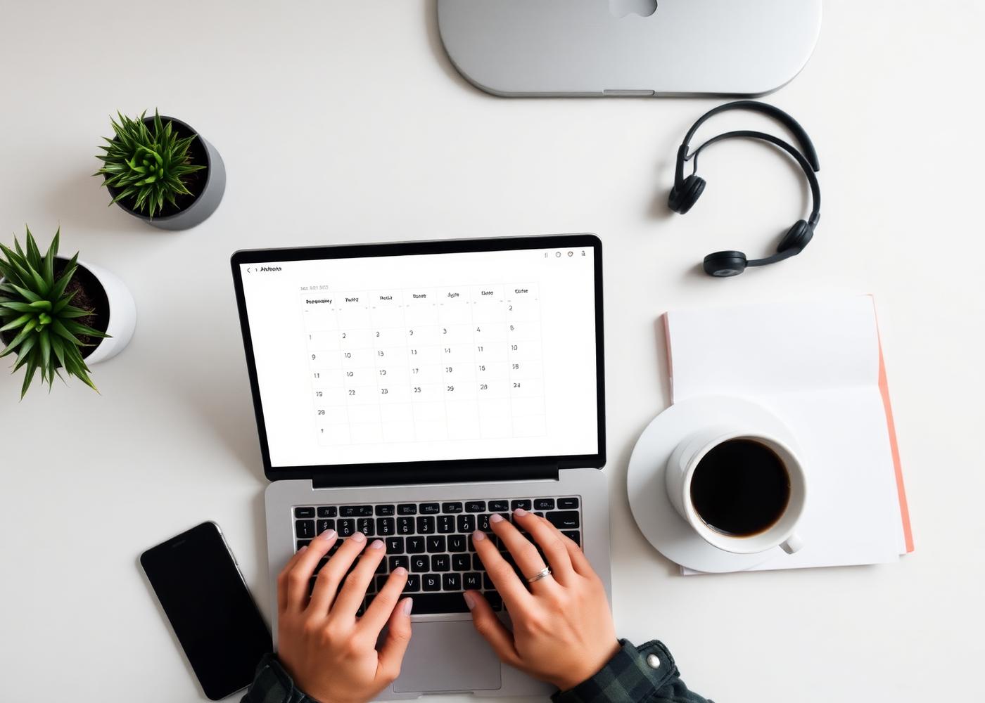 Werkplek van een management assistant — laptop met agenda en koffie